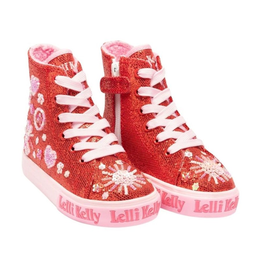 Footwear Lelli Kelly | Lelli Kelly Lk3861 (Gd01) Dafne Mid Red Glitter Warm Lined Canvas Baseball Boots